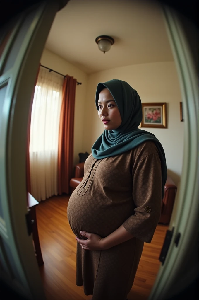 Your POV view when you have a stepmother from Malaysia wearing a hijab with a plus size body who is heavily pregnant while at home. fisheye camera view, iphone camera style. HD, realface, cinematic, extreme long shot