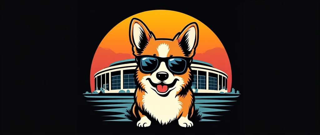 retro vector t-shirt logo design with a corgi , with sunglasses reflecting the saddledome,, black background, sun in the background of the image,