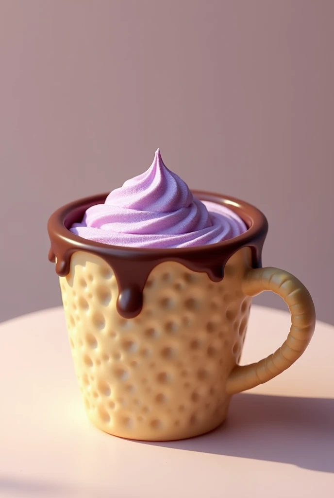 (photorealism:1.2), cookie cup without handle. cup has coffee and taro foam, The cup is of vainilla cookie and has chocolate around the mouth of the cup. The chocolate must be melted just in the contour of the mouth of the cup. The foam muste be purple like the taro. The cup not has a handle.
remove the cup handle