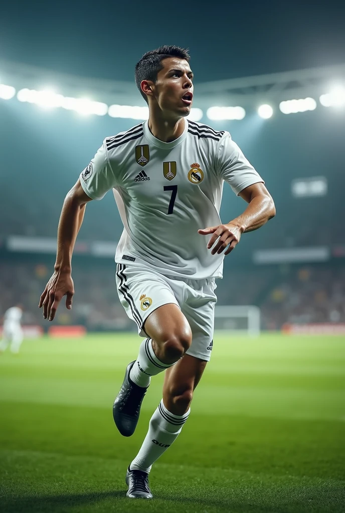 A striking image for the cover of a YouTube channel about football and Cristiano Ronaldo could include a dynamic action of the player, with his iconic number 7 prominently displayed. Vibrant colors like the green of the field and the white of your team would enhance the excitement of football.
