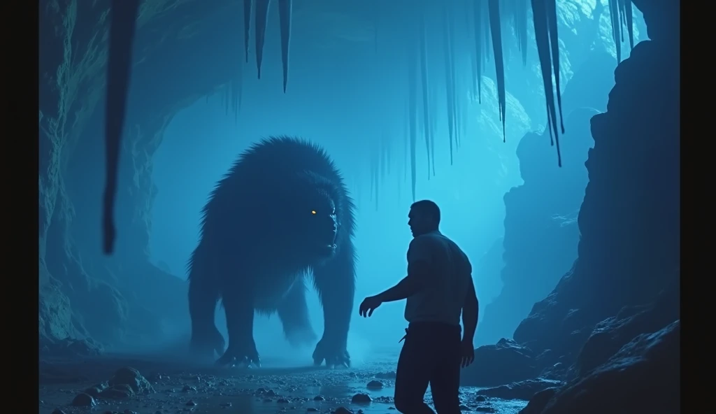 A man hunted by a wild black fur animal in an extraterrestrial world, extremely detailed face, dramatic lighting, falling leeches from cave ceiling, detailed environment, cinematic composition, dark moody atmosphere, muted color palette, dramatic lighting, highly detailed, masterpiece, photorealistic, 8k