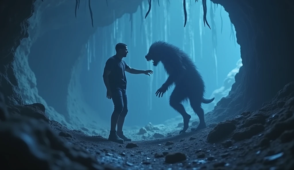 A man hunted by a wild black fur animal in an extraterrestrial world, extremely detailed face, dramatic lighting, falling leeches from cave ceiling, detailed environment, cinematic composition, dark moody atmosphere, muted color palette, dramatic lighting, highly detailed, masterpiece, photorealistic, 8k