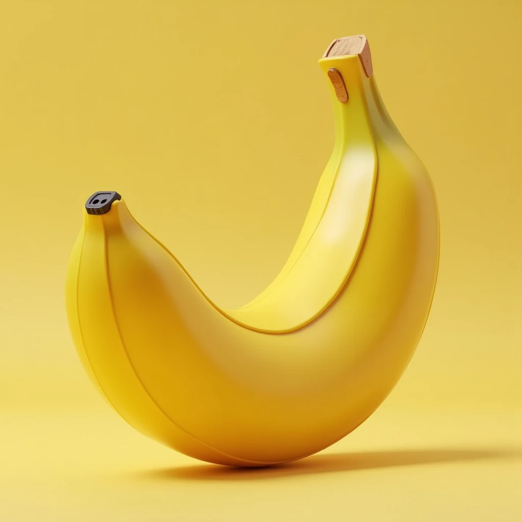 design a realistic banana phone that seamlessly integrates modern smartphone features. The phone should be shaped exactly like a ripe, yellow banana with a slightly curved, ergonomic design. The screen, a glossy touchscreen display, should be embedded into the front curve of the banana, blending naturally into the peel's texture. The screen should be proportional, not covering the entire surface, but large enough for practical use. A small camera lens should be visible at the top end of the banana, resembling where a stem would be, while the bottom end should have a subtle charging port. The overall look should balance the playful shape of a banana with the sleek, high-tech appearance of a smartphone.
