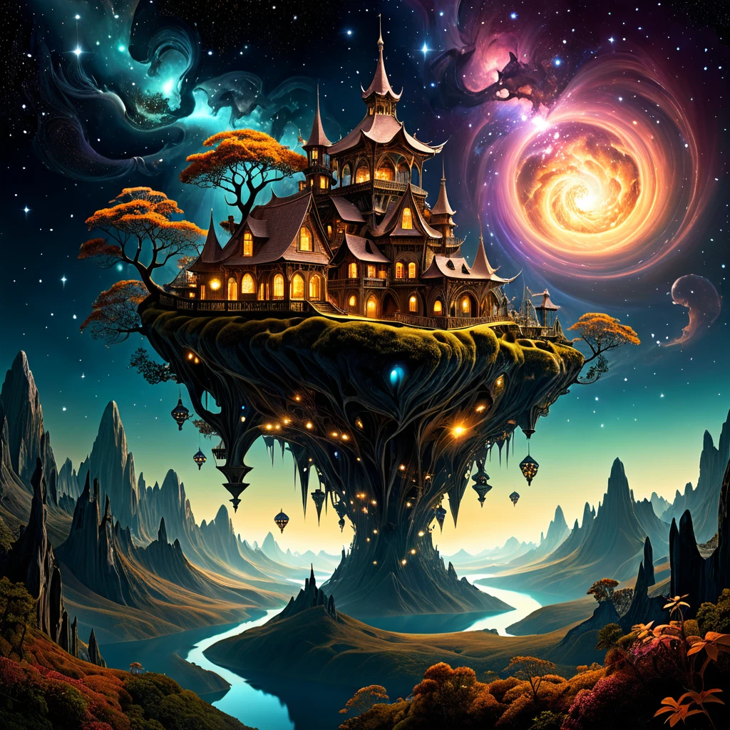 Dreamscape a fractal miniature Fantasy landscape floating freely in space,mysteriousな,RAW Photos,High resolution,Dramatic lighting,Low Light,Subtle lighting style,. Surreal, Mysterious, dream-like, mysterious, Fantasy, Very detailed