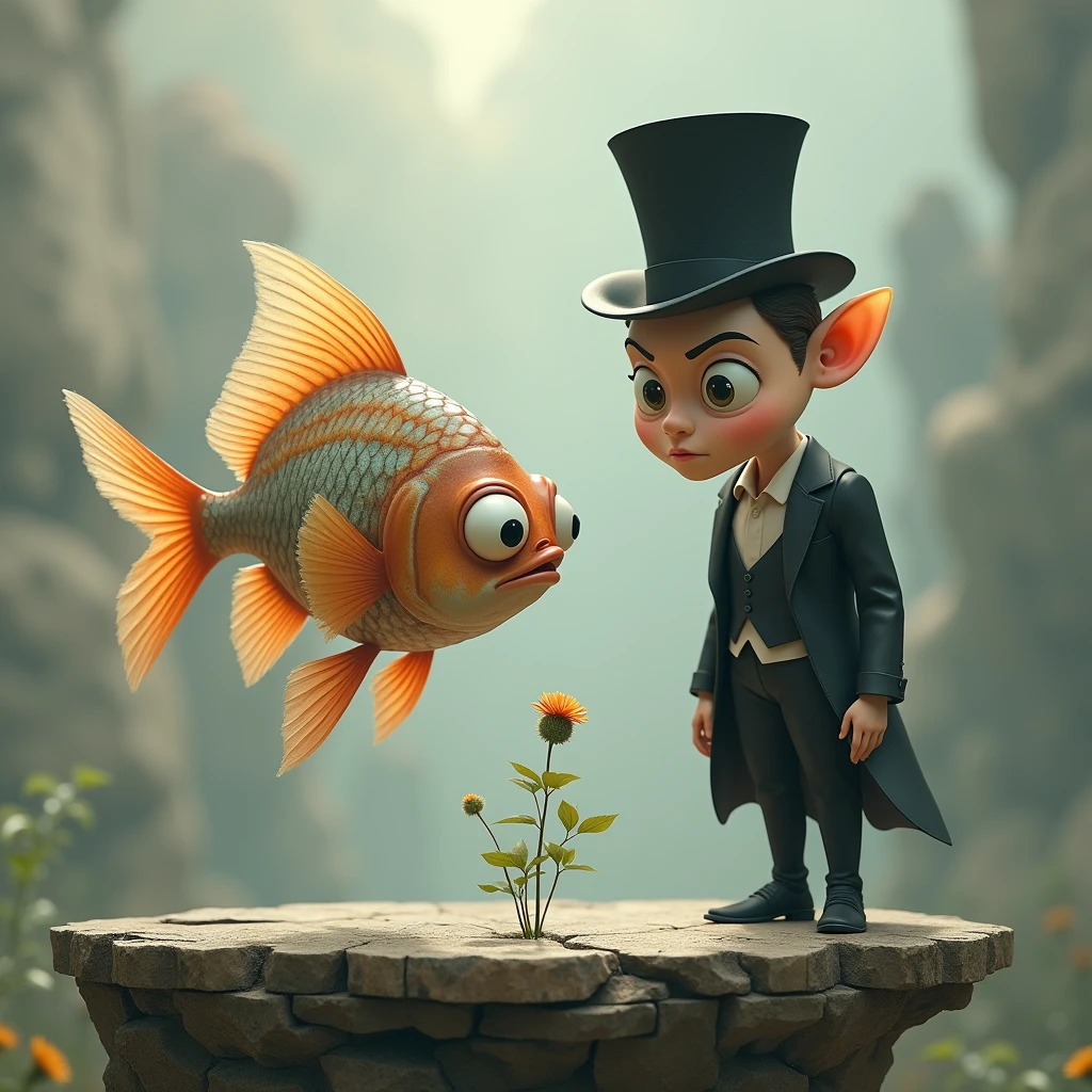 In a surreal, dreamlike setting, a large, anthropomorphic fish hovers in mid-air, its scales shimmering with subtle iridescent hues, and its large, round eyes, large eye ball, fat body, funny face, full of curiosity. The fish has vibrant orange fins that fan out gracefully, with delicate, translucent edges that catch the light. It faces a peculiar, a cartoonish boy who is dressed in a perfectly tailored black suit, laughing, complete with a crisp white shirt and a tall, slightly tilted top hat. The boy’s head is disproportionately large, exaggerated popped eyes that mirror the fish's inquisitiveness. His expression is one of intense focus, goofy as he leans precariously forward on the edge of a weathered platform, his hands clasped behind his back. Between them, a tiny, delicate insect with gossamer wings hovers, seemingly frozen in the moment. The background is an ethereal, muted blend of soft grays, beiges, and blues, with faint, abstract textures that enhance the otherworldly atmosphere of the scene. A single, fragile flower grows from a crack in the platform, adding a touch of whimsy to the already fantastical environment. There are so many bubbles around and underwater plants in the background.