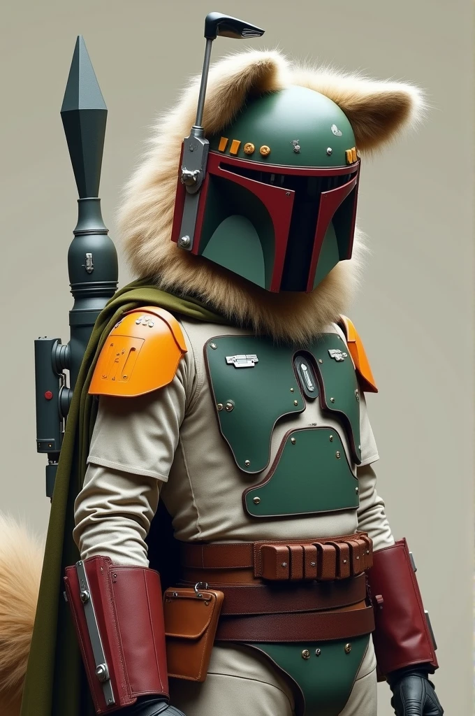 I want an image of Boba Fett with furry features, ears on helmet, fluffy tail