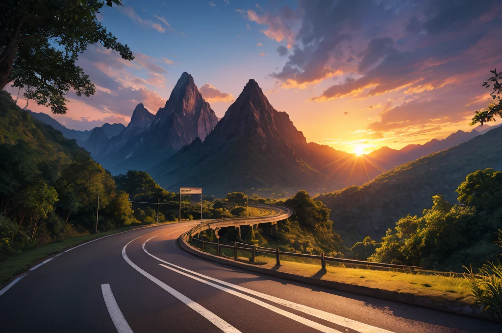 Masterpiece, enhancer image, simetric, ultra realistic, cinematic light, sunset, road, jungle landfield, traffic sign, montains