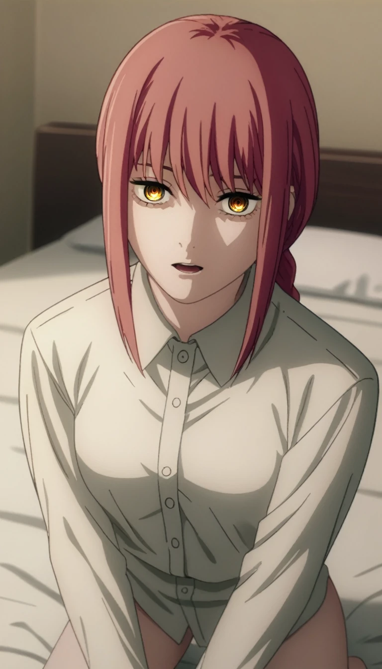 source_anime,
Makima, long hair,  Braided Ponytail ,red hair, detailed gold eyes, hair between eyes,(( perfect eyes )), Perfect face, expressive eyes, close up face,
((undress shirt)),,,
indoors, bed, realistic bed room, kneeling, 
cowboy shot, looking at viewer, solo, dutch angle, [medium breast], open mouth,