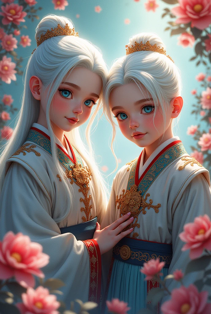 Couple boys, (( 1. Emperor outfit 2. Blue ))), flowers, jewelry, long sleeves, wide sleeves, chinese clothes, hanfu, embroidery, long skirt, long flowing white hair, detailed face, detailed beautiful blue eyes, (intricate:1.3), (arcane aura:1.2), (dreamlike: 1.3), (subtle mist:1.1), (vibrant colors: 1.2), (detailed hair:1.3), (ultra realistic details:1.5),