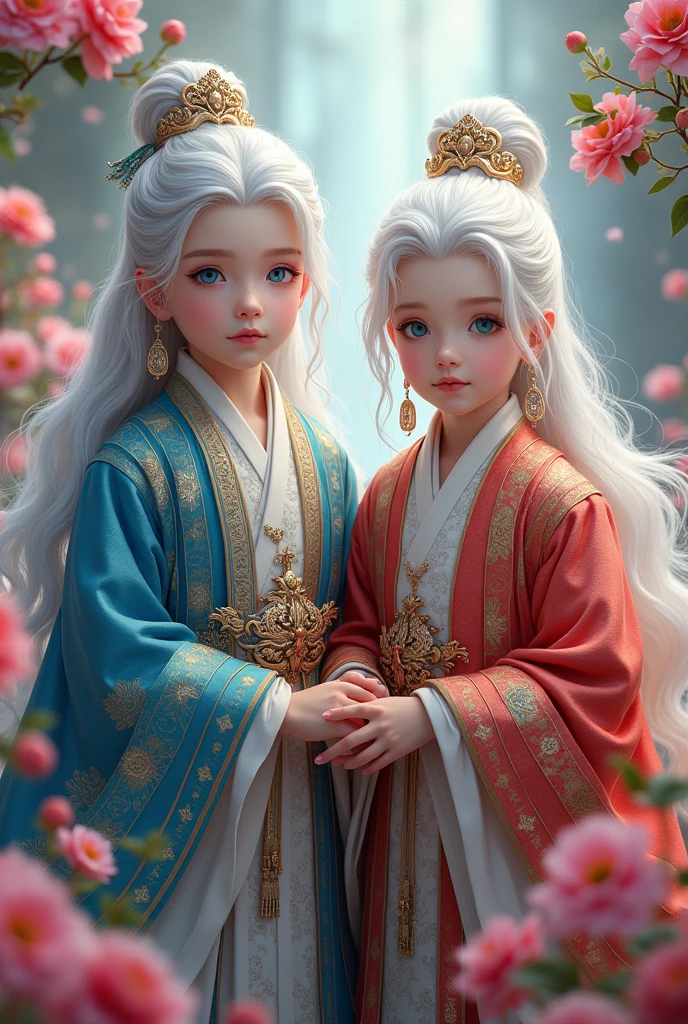 Couple boys, (( 1. Emperor outfit 2. Blue ))), flowers, jewelry, long sleeves, wide sleeves, chinese clothes, hanfu, embroidery, long skirt, long flowing white hair, detailed face, detailed beautiful blue eyes, (intricate:1.3), (arcane aura:1.2), (dreamlike: 1.3), (subtle mist:1.1), (vibrant colors: 1.2), (detailed hair:1.3), (ultra realistic details:1.5),