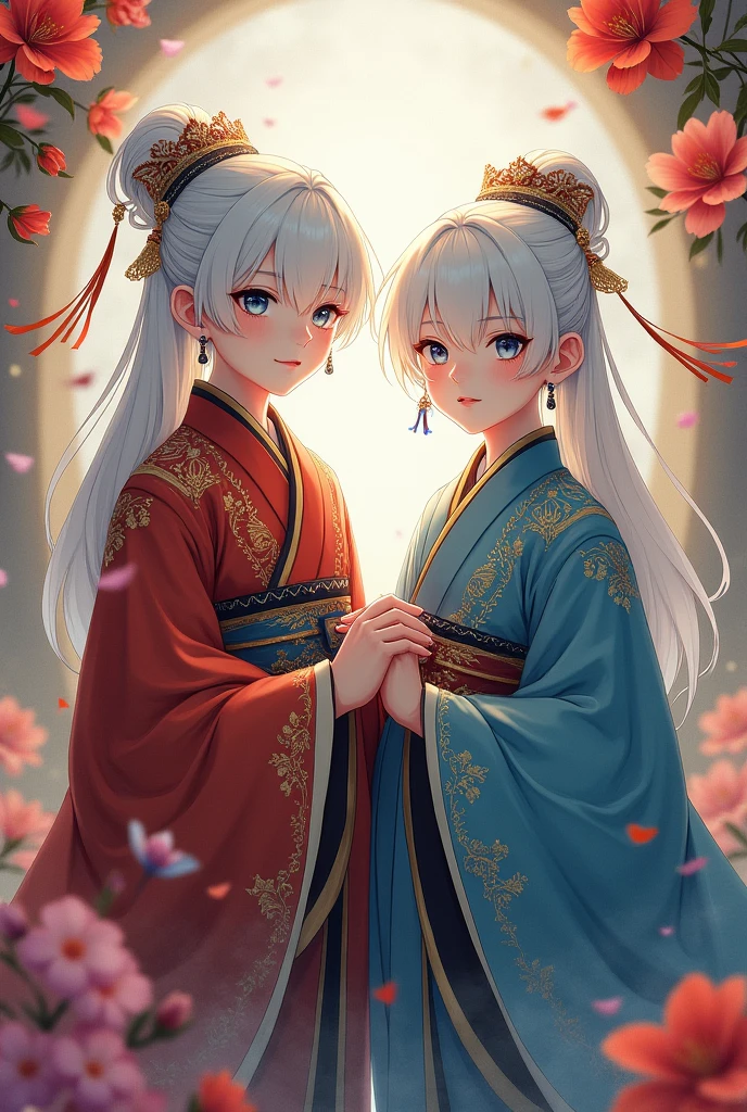 Couple boys, (( 1. Emperor outfit 2. Blue ))), flowers, jewelry, long sleeves, wide sleeves, chinese clothes, hanfu, embroidery, long skirt, long flowing white hair, detailed face, detailed beautiful blue eyes, (intricate:1.3), (arcane aura:1.2), (dreamlike: 1.3), (subtle mist:1.1), (vibrant colors: 1.2), (detailed hair:1.3), (ultra realistic details:1.5),
