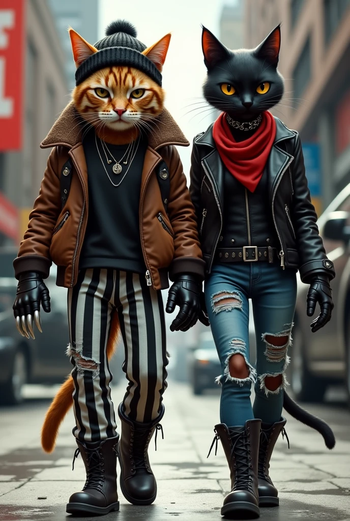 A brown cat dressed in - A tattered and worn brown bomber jacket, with a menacing scowl on his face
- A pair of black and white striped pants, with a red stripe running down the side
- A pair of heavy, black leather gloves, complete with metal claws
- A black beanie, pulled low over his eyes, giving him a menacing and intimidating look walking behind a skilled black cat dressed in
- A sleek black leather jacket with metal studs, giving her a tough and edgy look
- A pair of distressed denim jeans, ripped at the knees, with a red bandana tied around her waist
- A pair of black combat boots, complete with silver buckles and a low heel
- A silver choker
- walking in street in tall female body posture