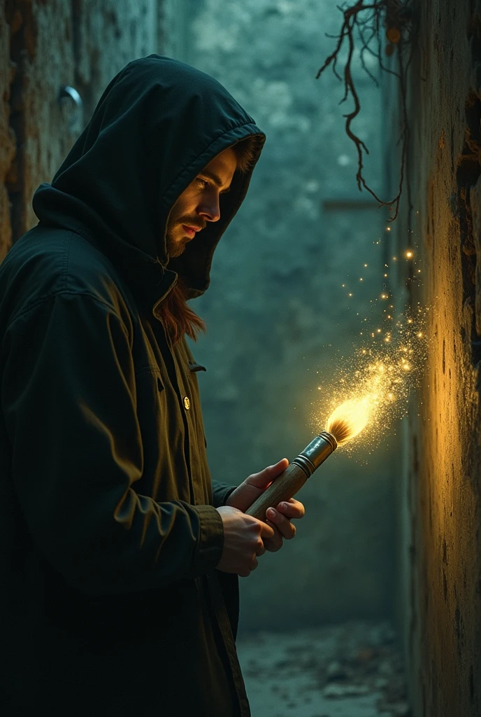 Inside, he found a mysterious paintbrush with glowing bristles. Suddenly, a soft voice spoke to him.