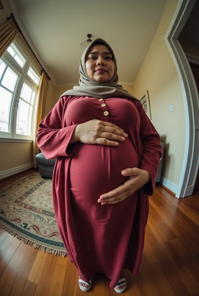 Your POV view when you have a stepmother from Malaysia wearing a hijab with a plus size body who is heavily pregnant while at home. fisheye camera view, iphone camera style. HD, realface, cinematic, extreme long shot