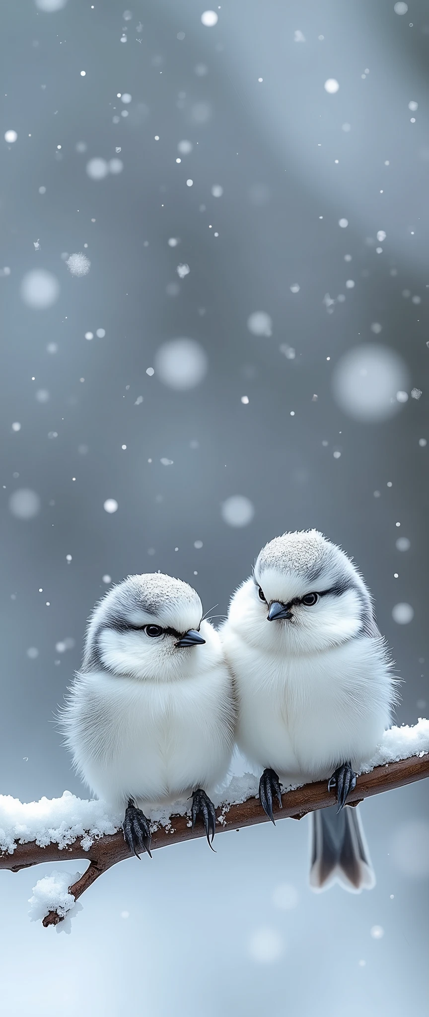 (masterpiece:1.2,Exceptional Quality,mirror-like,Cinematic Experience,Photorealistic,RAW Photos,Super detailed),8k,wallpaper,White Bird,(Very small:2.0),snowの妖精,Long-tailed Tit,Round body,snow国に生息,snow,cute,perch,2 birds,Parent and Child,(Diamond dust:2.0),(snowの輝き:2.0)