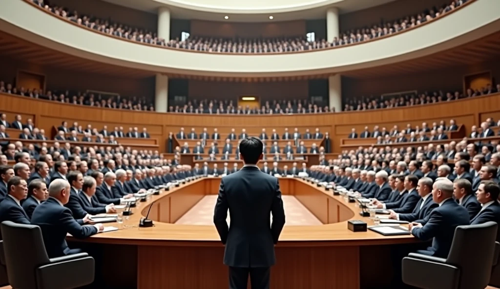 A young Asian man in a suit is speaking to politicians from various countries sitting in a huge circular lecture hall.，Politicians from all over the world are looking at men，No flags appear