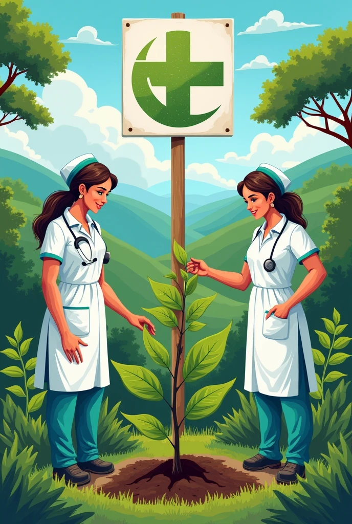 Drawing for climate action with nurses planting tress with the sign of health ang climate in the background