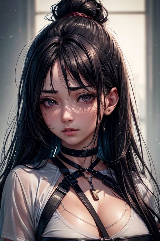 Kaori, Single model, solo, half Asian, half Latino, very long straight black hair, high ponytail, freckles, blushing, wet eyes, long chain pendant, very large heavy breasts, chubby, belly, stretchmarks, (best quality,4k,8k,highres,masterpiece:1.2),ultra-detailed,(realistic,photorealistic,photo-realistic:1.37),detailed portrait, cinematic lighting, natural skin texture, intricate details, dramatic colors, moody atmosphere, heavy eye shadow, mascara, (bondage harness :1.2), white t-shirt