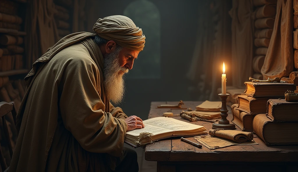 "A realistic image of an old, holy religious man from ancient times, viewed from the back. He is sitting at a wooden desk with old scrolls and books spread out before him, deeply engrossed in writing. The man's face is not visible, only his back and shoulders can be seen. He is dressed in traditional, ancient clothing, with a long robe and a turban. The scene is lit softly by candlelight, casting warm, gentle shadows around the room filled with old books and manuscripts."