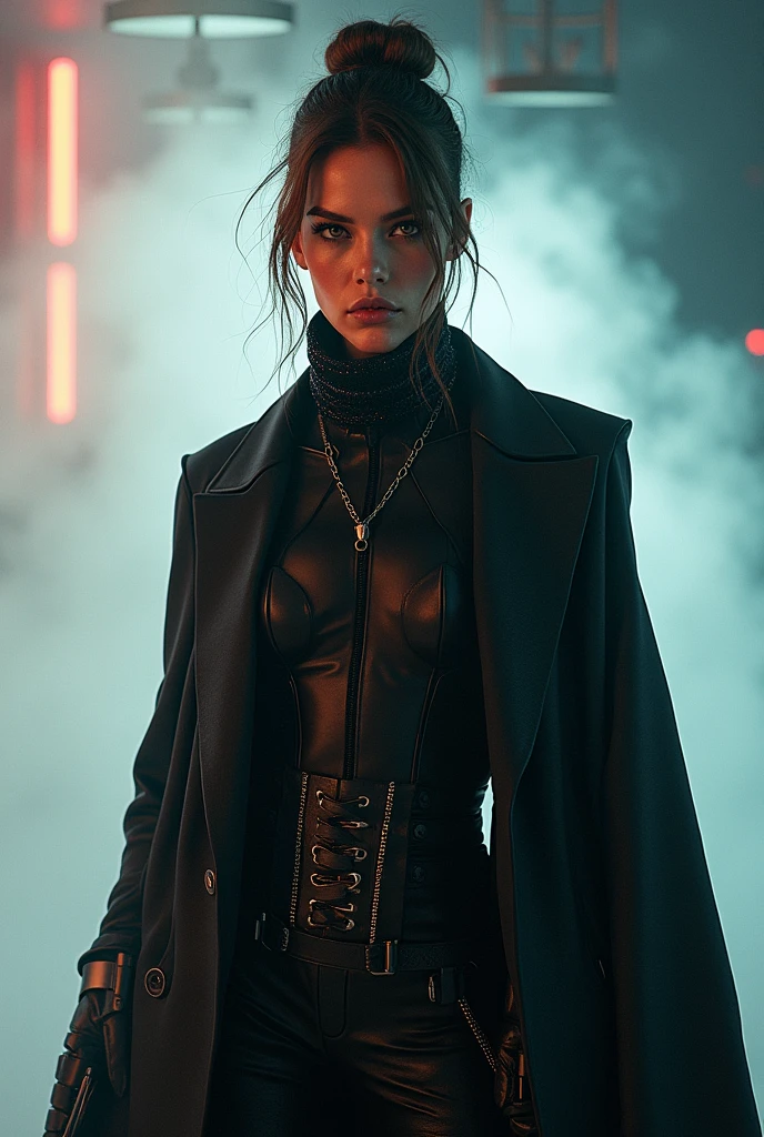 Epic photorealistic portrait by Priyanka Chopra of a female terminator runway model,  Barbara Palvin, hyperrealistic, full body, detailed clothing, highly detailed, cinematic lighting, stunningly beautiful, intricate, sharp focus, f/1. 8, 85mm, (centered image composition), (professionally color graded), ((bright soft diffused light)), volumetric fog, trending on instagram, trending on tumblr, HDR 4K, 8K, art Luis Royo