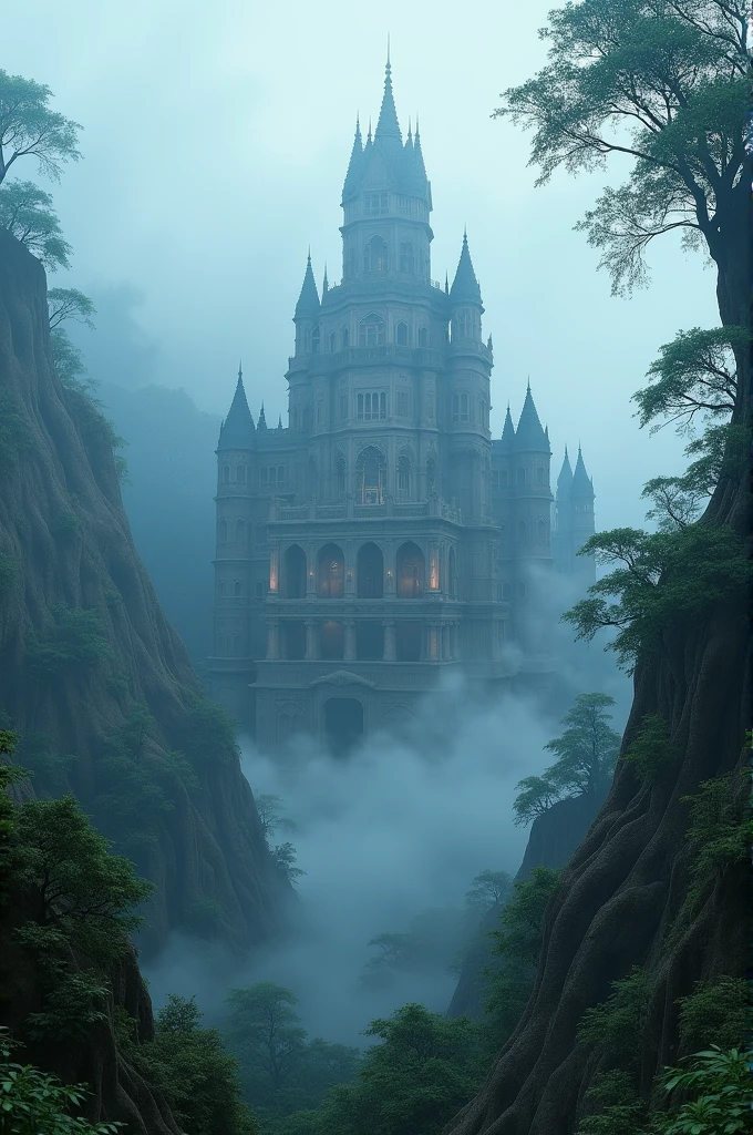 A grand shot of an Indian castle with a huge height, it's in the middle of a dense forest, there is volumetric fog, low contrast, blue color tone.
