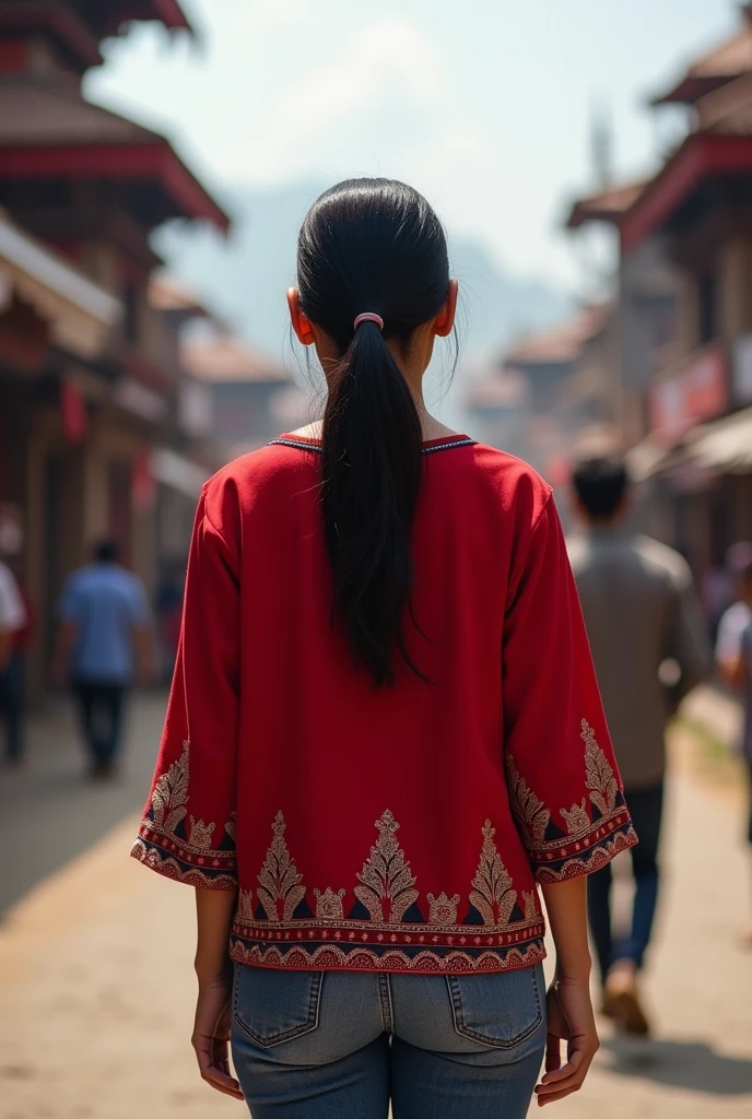 Back side of 20 years nepali girl putting red kurtha with blue jeans in kathmandu city real person photo height 5.5 weight 40