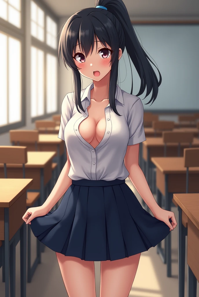 ((best quality)), ((masterpiece)), ((detailed)), (((perfect face))), (((slender 18yo teenage girl))), ((((medium breasts)))), ((((topless)))), ((((dark blue pleated skirt)))), ((dark brown hair)), ((short ponytail)), (((blue eyes))), ((shy:1.3)), ((blushing:1.5)), (((bare chest))), ((bare stomach)), ((bare shoulders)), (((bare arms))), ((((classroom, windows)))), (((standing))), (((arms up, behind head))), (((looking at viewer))), (((open front door))), ((((detailed background))))