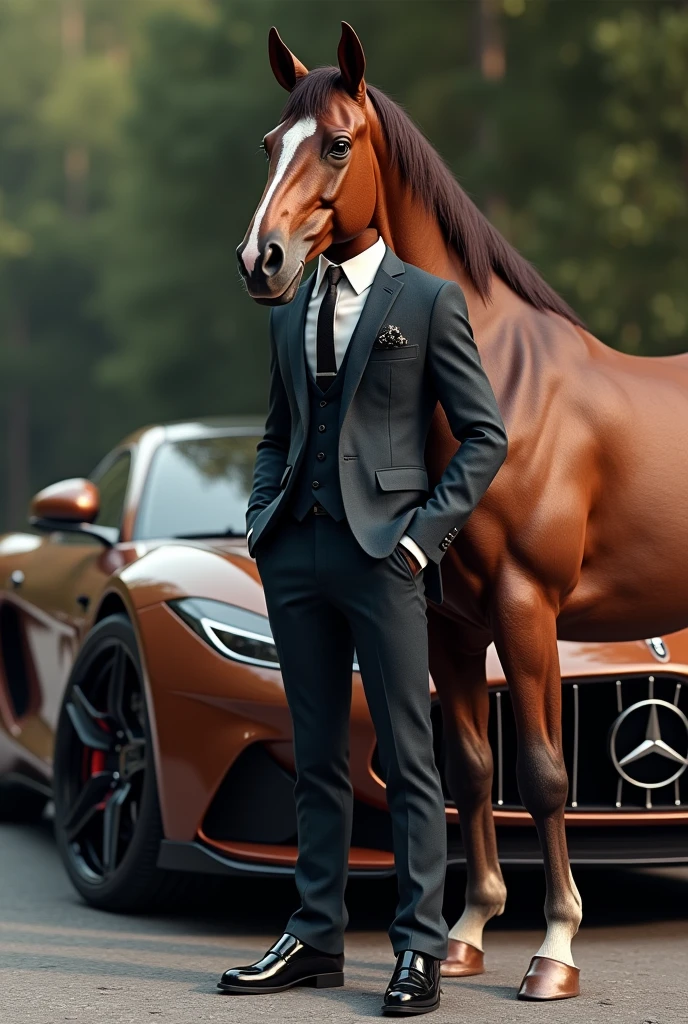 Brown Horse with suit and stand next to a luxuary car