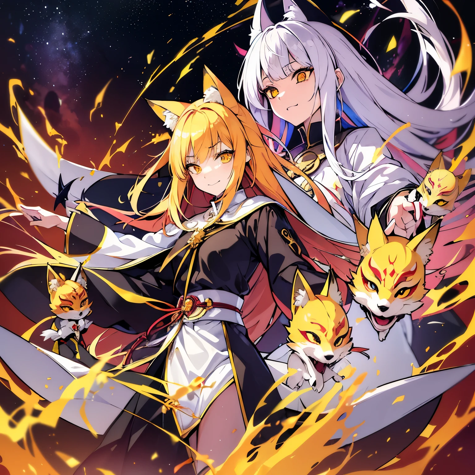 Sharp Yellow multi-colored Eyes, Exaggerated evil facial expressions , (masterpiece), best quality, 1 girl, bright Blonde hair, multi-colored hair , Wear Japanese Fox Mask, space theme, White particles, wallpaper, Clerical White Cope Vestment Chasuble, Warped Evilness Smile , Cosmic horror , Anime , HD , Goddess , nine tail Fox , Floating Trinity Spear