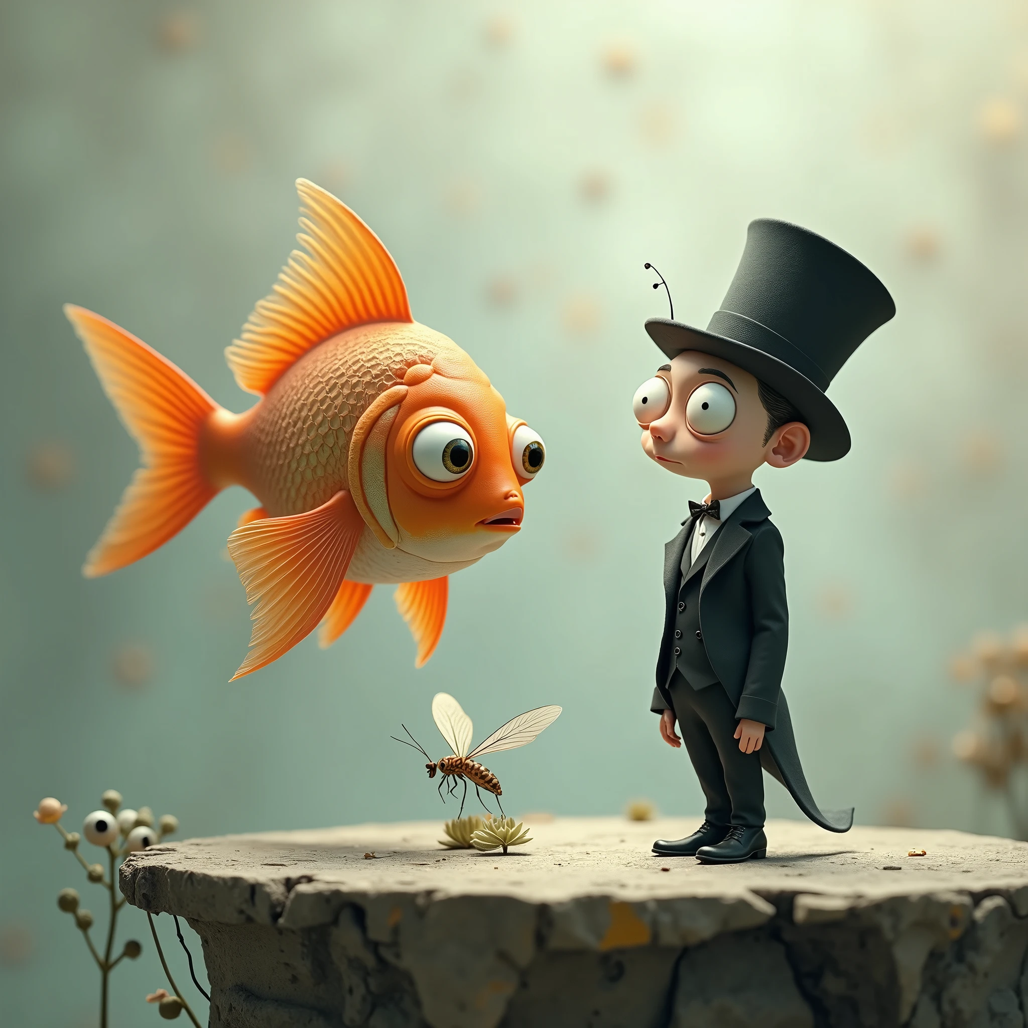 In a surreal, dreamlike setting, a large, anthropomorphic fish hovers in mid-air, its scales shimmering with subtle iridescent hues, and its large, round eyes full of curiosity. The fish has vibrant orange fins that fan out gracefully, with delicate, translucent edges that catch the light. It faces a peculiar, almost cartoonish man who is dressed in a perfectly tailored black suit, complete with a crisp white shirt and a tall, slightly tilted top hat. The man’s head is disproportionately large, with wide, exaggerated eyes that mirror the fish's inquisitiveness. His expression is one of intense focus, as he leans precariously forward on the edge of a weathered platform, his hands clasped behind his back. Between them, a tiny, delicate insect with gossamer wings hovers, seemingly frozen in the moment. The background is an ethereal, muted blend of soft grays, beiges, and blues, with faint, abstract textures that enhance the otherworldly atmosphere of the scene. A single, fragile flower grows from a crack in the platform, adding a touch of whimsy to the already fantastical environment
