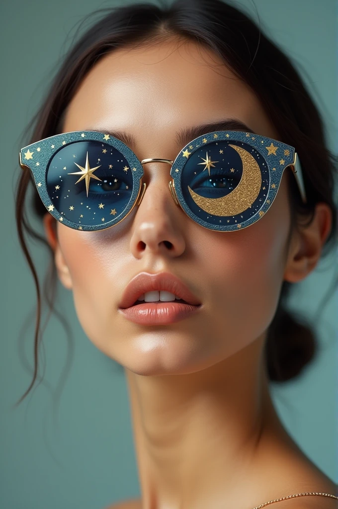 The model is wearing glass sunglasses with stars and the moon on the glass