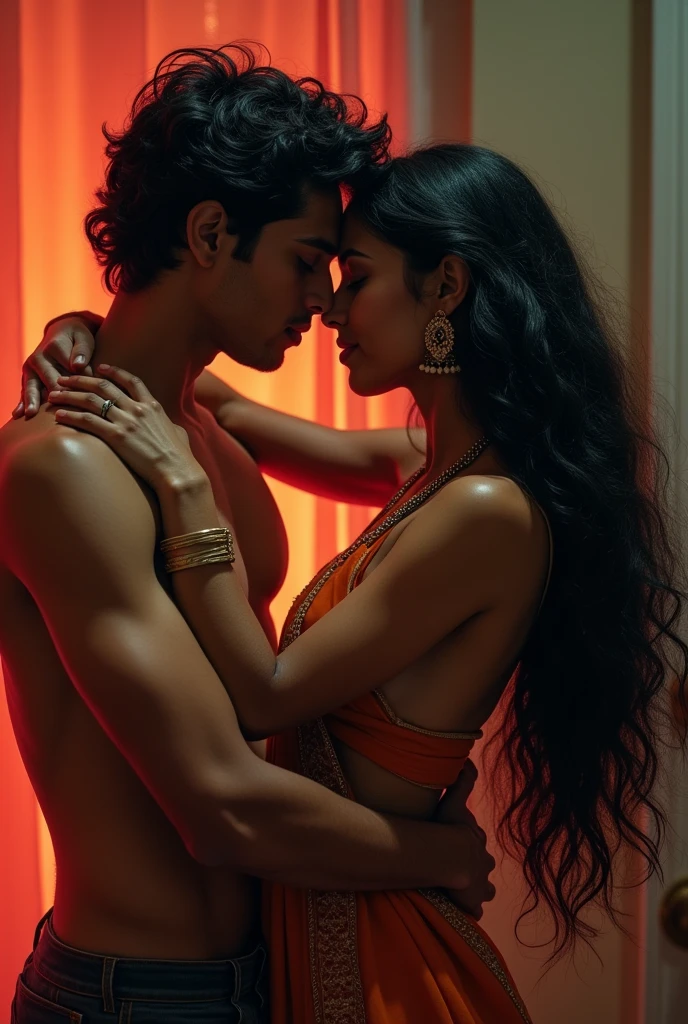 Indian college boy passionately neck kissing with Indian very old long hair woman