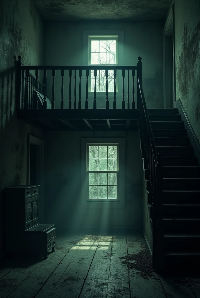 The interior, (that is, inside the house) of a two-story house, with a window on the top floor with a gloomy and scary atmosphere