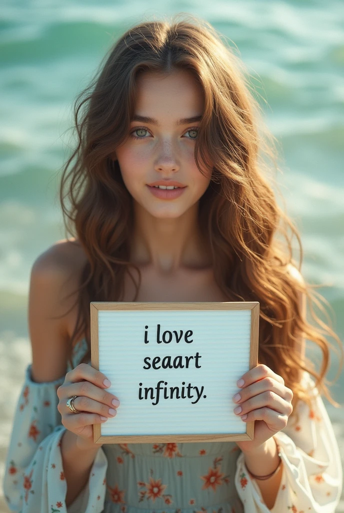 Beautiful girl with wavy long hair, bohemian dress, holding a white board with text "I Love Seaart Infinity" and showing it to the viewer