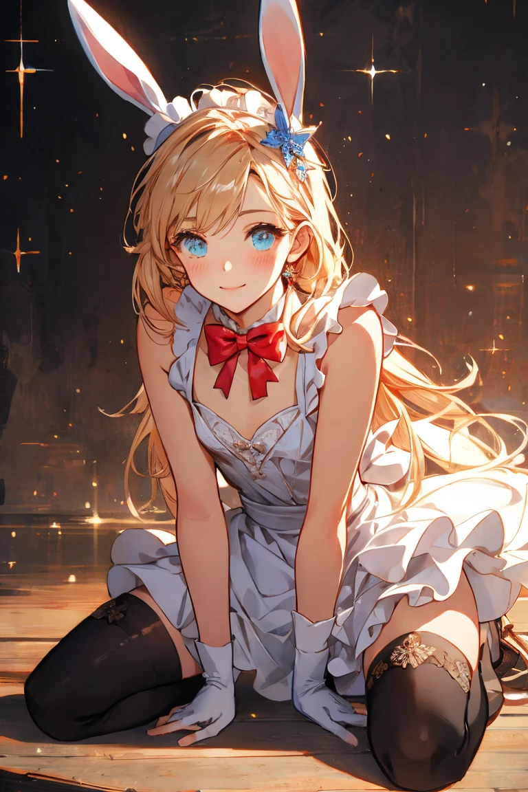 
masterpiece, best quality, extremely detailed CG unity 8k wallpaper, ,, ,(Upper Body head close-up shot of a beautiful  girl), Wendy, Long straight blonde hair,((Mckenna Grace)), (((flat chest))),((pink-Cyan))golden ((Glittering Maid Dress,Bunny Ear Headgear ,glove,Bow-tie,zettai ryouiki))， (()),(),(()),,(()) ,((Kneel,spread legs)),(Lean forward), (Blush), oil skin ,()，, () (()),,(seductive smile)，,,, ,, (Wonderland),,(),,pretty fac, key art, award winning, intricate detail realism hdr, by (ruan jia and artgerm and range murata), Photorealism, Hyperrealism, ultra realistic, dramatic light, intense shadows, gorgeous view,depth of field