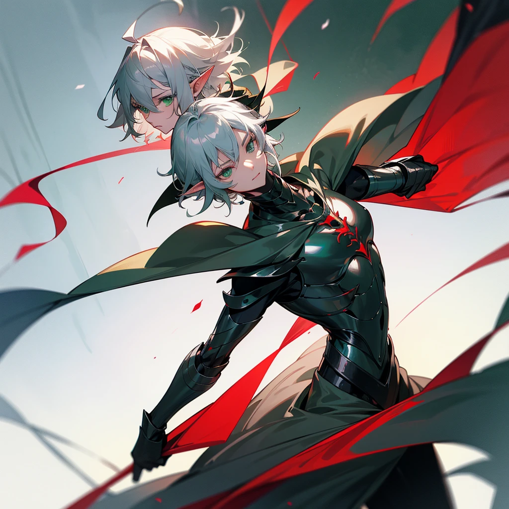 Elf, silver hair,short hair, medium cut, ahoge, curly hair, green eyes, slender, fair skin, red and black metallic armor, mystic knight, solo, male