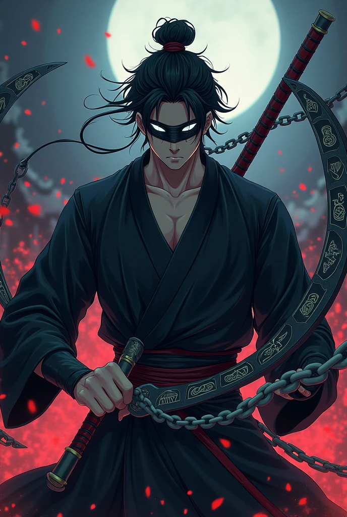 I want you to create a blind anime style male character with white eyes like a samurai cookie with two sickles connected to an iron chain