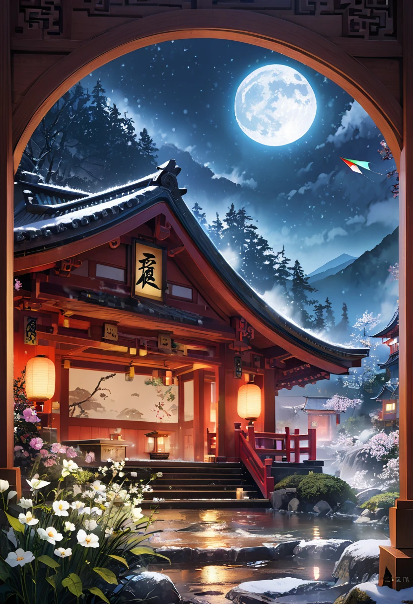 Ancient Chinese Landscape Painting, ((hot spring)), (Blizzard), (firefly), (Paper Kite), (midnight), (moon), A shrine at the top of the mountain, ((flower)), beautiful scenery, Realistic lighting, masterpiece, high quality, Beautiful graphics, Attention to detail,