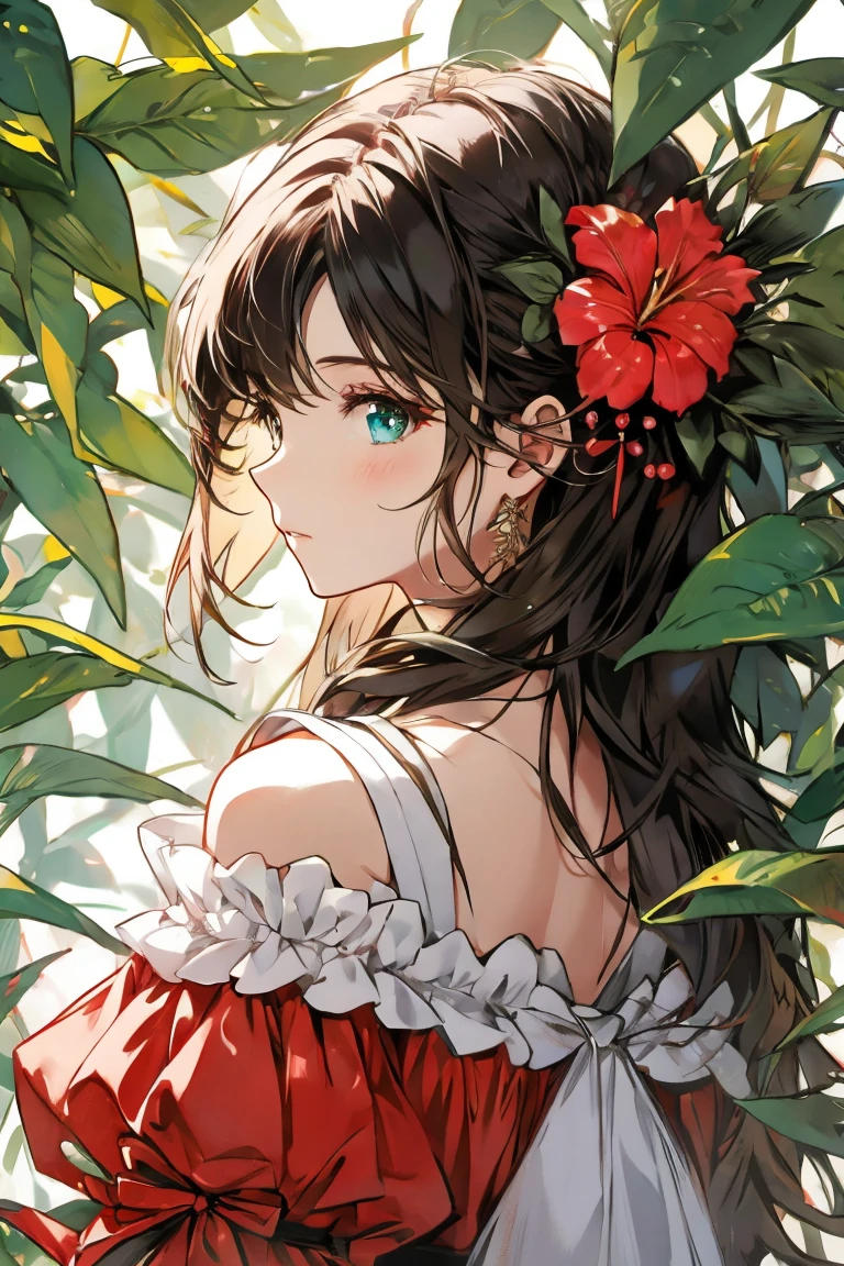 A cute girl wearing a wine red off-shoulder shirt、 girl、（big green eyes:1.2）、small breasts、（shiny bronze hair）、tropical plants background、perfect lighting、sharp focus、High definition、high resolution、High color rendering、High resolution、Super realistic、photo realistic 