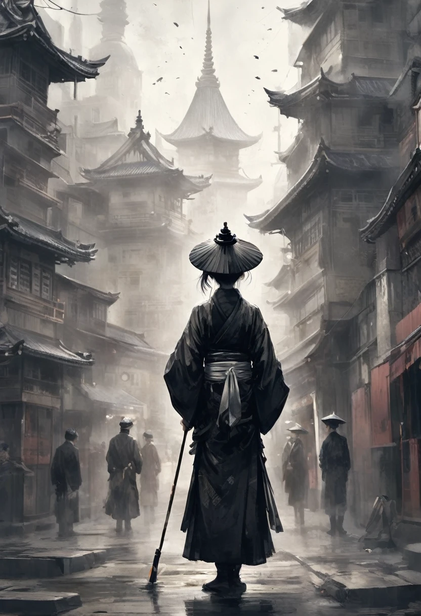 8k,ink painting,black and white painting,beautiful detailed crystal hair,Chapoteo,from behind,whole body,Oiran,luxury makeup,(magnificent costumes),(Oiran５Book hair ornament),Big umbrella,(Smoking a pipe with the right hand,Holding a fan in the left hand),Osaka Castle seen from a distance,Dynamic movement and powerful brushstrokes.、Drawing strokes drawn with rotten ring 0,