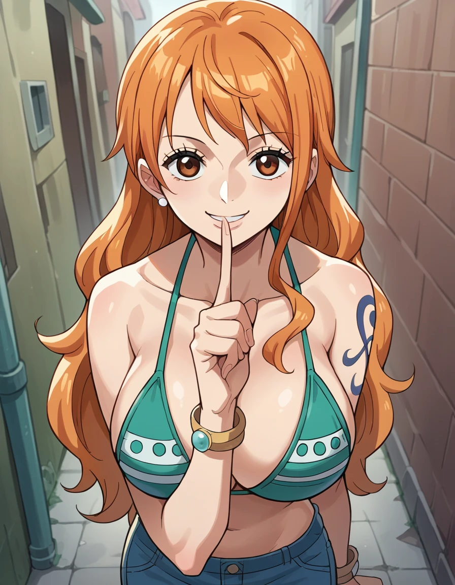 score_9, score_8_up, score_7_up, source_anime, best quality, clear face, Nami, orange hair, long hair, large breasts, looking at viewer, smile, light blue bikini, blue jeans, standing, pov, from front, shushing, finger to mouth, alley, upper body, from above 