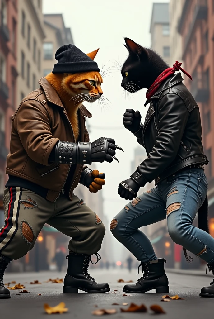 A brown cat dressed in - A tattered and worn brown bomber jacket, with a menacing scowl on his face
- A pair of black and white striped pants, with a red stripe running down the side
- A pair of heavy, black leather gloves, complete with metal claws
- A black beanie, pulled low over his eyes, giving him a menacing and intimidating Look is beaten by  skilled black cat dressed in
- A sleek black leather jacket with metal studs, giving her a tough and edgy look
- A pair of distressed denim jeans, ripped at the knees, with a red bandana tied around her waist
- A pair of black combat boots, complete with silver buckles and a low heel
- A silver choker
- walking in street in  tall female  body posture