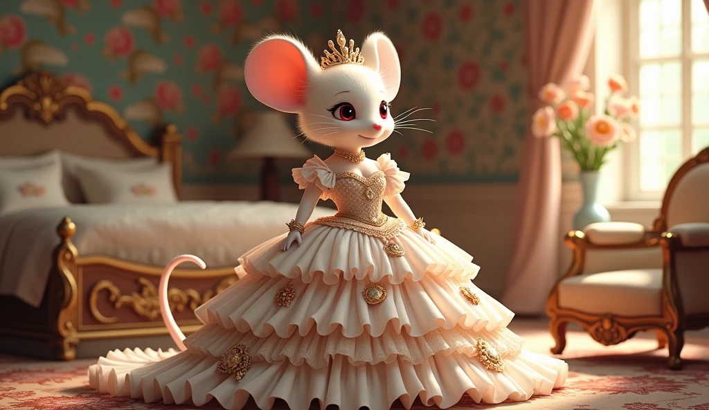 (best quality,4k,8k,highres,masterpiece:1.2), ultra-detailed, Pretty anthropomorphic mouse girl has a princess, drawn in anime style, steampunk, wearing a yellow princess gown with puffy sleeves, steampunk, gorgeous frilly dress design,flowing gown,elaborate lace details,rich textures,contrast stitching,delicate ribbon bows, fish scales pattern accents, flowers embroidery, full skirt,short sleeves,fitted waistline,flared cuffs,lace-up back,luxurious fabrics,flawless silhouette, long curly white hair and red eyes, white fur, smiling, mouse ears and tail, ribboned high heels, white elbow evening gloves, gold bracelets, tiara made of seashells, beautifully detailed lips with lipstick, long eyelashes, eyeshadow, seashell necklace, in a castle bedroom with intricate decoration and luxurious furniture, flower wallpaper, she is happily checking her new princess dress.