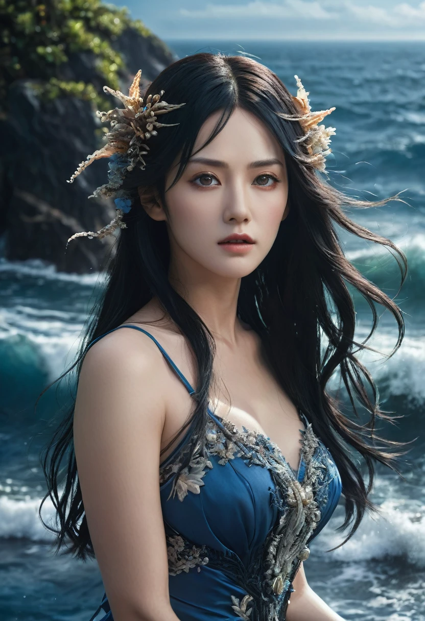 (1 character), genius extremely beautiful idol lady Keiko, (long blue and black hair), brown eyes, beautiful face), 1 genius extremely beautiful idol girl Keiko, long sideburns, plants, long blue dress, 3d, dark ocean, water, blue Ball, sea shells, windy, intricate details High Quality, 8k, Realistic, Ultra-Detailed, Dramatic Lighting, Soft Focus, Digital Illustration, Intense Expression, Strong Gaze, Intense Emotion, Complex Mechanics, Advanced Technology, Dark Background, Cinematic, High Contrast, Moody, Strict, Atmosphere, (Best Quality, 4k, 8k, High Definition, Masterpiece: 1. 2 ), ultra-detailed, (realistic, graphic, photorealistic:1.37) --no glass