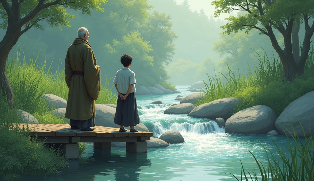 flowing stream with clear water moves over rocks, winding its way through the landscape. Master Koji and Hiro stand on a small bridge, observing the water.
Create a scene of a Zen master and a young man standing on a small wooden bridge, observing a gently flowing stream. The water moves over smooth rocks, and the master’s expression is serene, while the young man appears contemplative. The background includes tall grass and trees.
