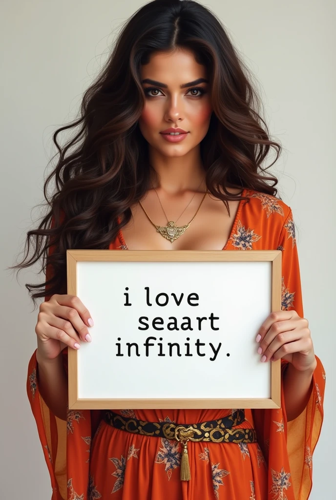 Sunny leone with wavy long hair, bohemian dress, holding a white board with text "I Love Seaart Infinity" and showing it to the viewer