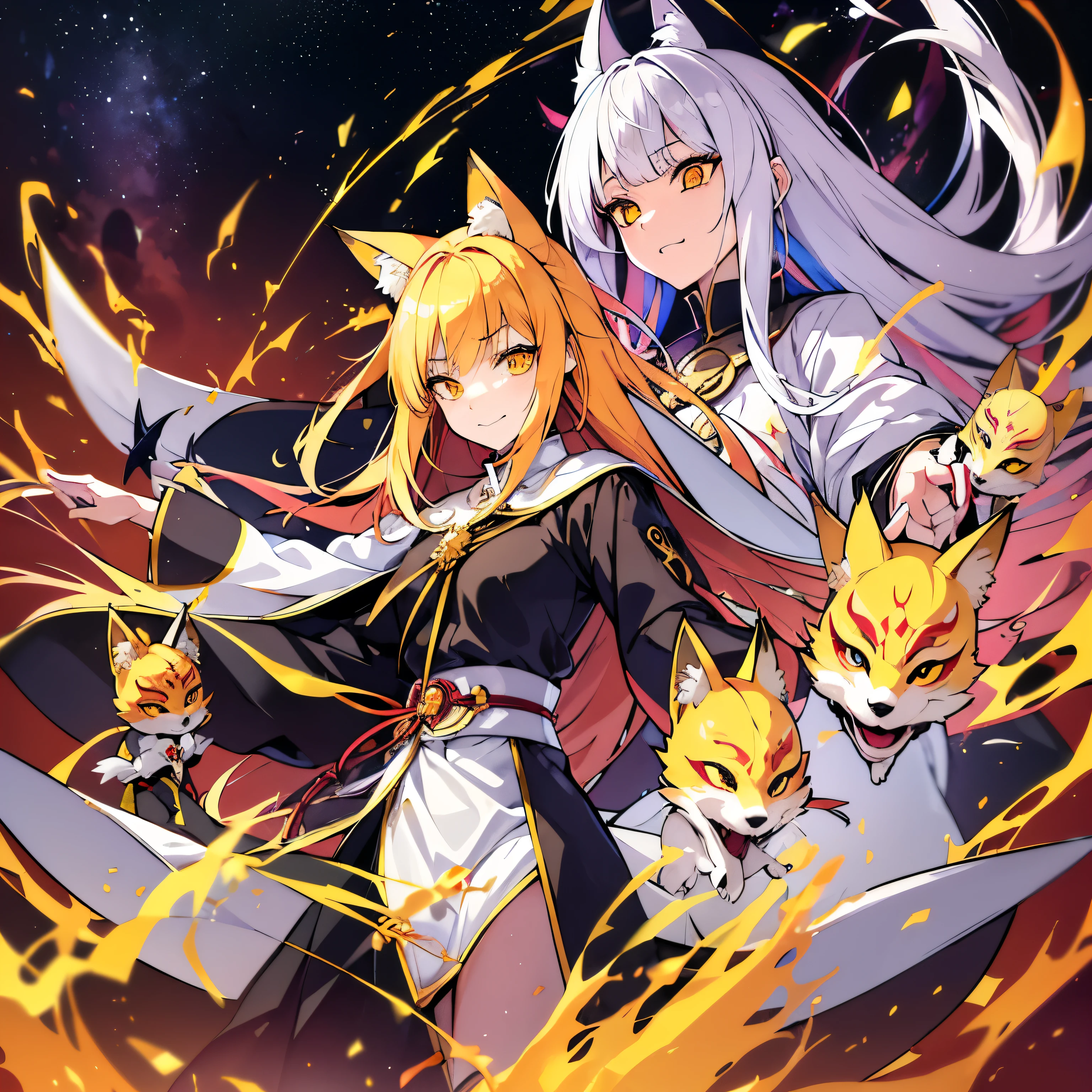 Sharp Yellow multi-colored Eyes, Exaggerated evil facial expressions , (masterpiece), best quality, 1 girl, bright Blonde hair, multi-colored hair , Wear Japanese Fox Mask, space theme, White particles, wallpaper, Clerical White Cope Vestment Chasuble, Warped Evilness Smile , Cosmic horror , Anime , HD , Goddess , nine tail Fox , Floating Trinity Spear