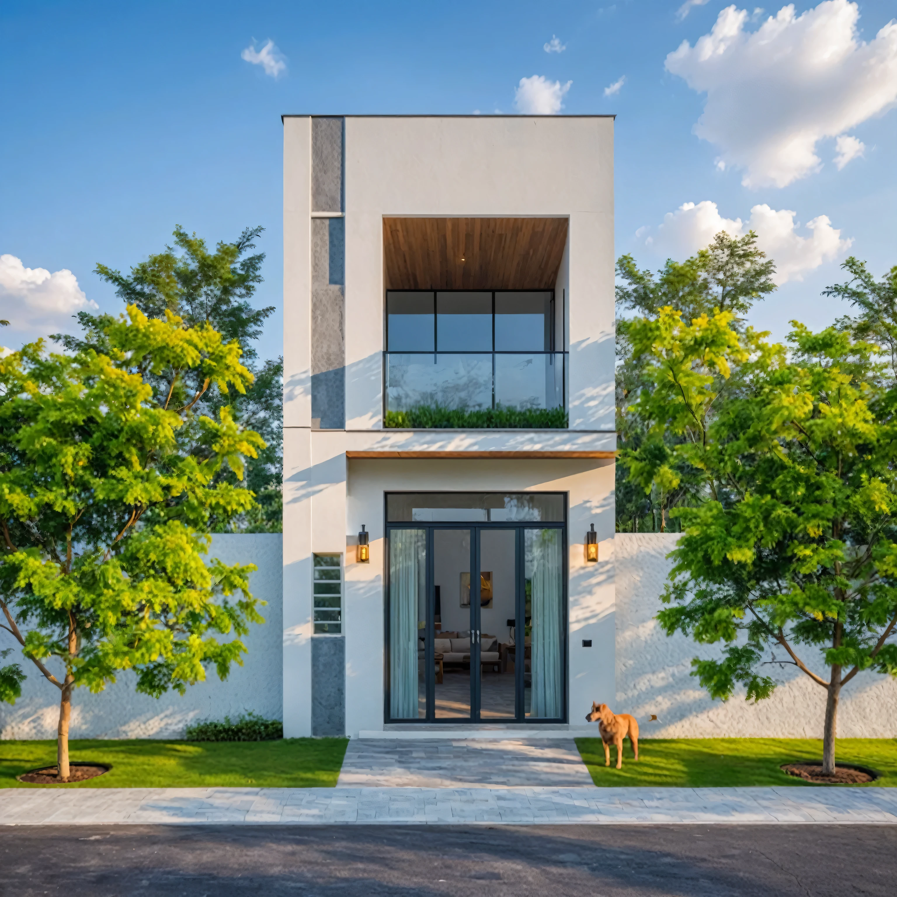 Minimalist architecture, the main materials of the house include white walls, blue concrete effect walls, Realistic images, extremely detailed, a modern house, 1 road in font of house, large yard made by ceramic, (1 car), brick fence, lawn, a few small flowers, a road in front of the house, main materials of the house are white walls and gray brick, Modern design, (wood with Steel Gate),clear blue sky, sunrise light, light from inside, dynamic light,shimering light, cinematic light, romantic feeling, (((day light, warm light)))