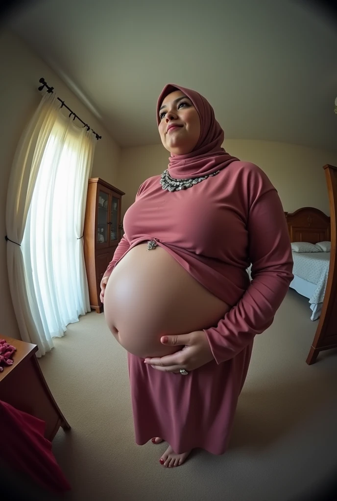 Your POV view when you have a stepmother from Malaysia wearing a hijab with a plus size body who is heavily pregnant while at home. fisheye camera view, iphone camera style. HD, realface, cinematic, extreme long shot
