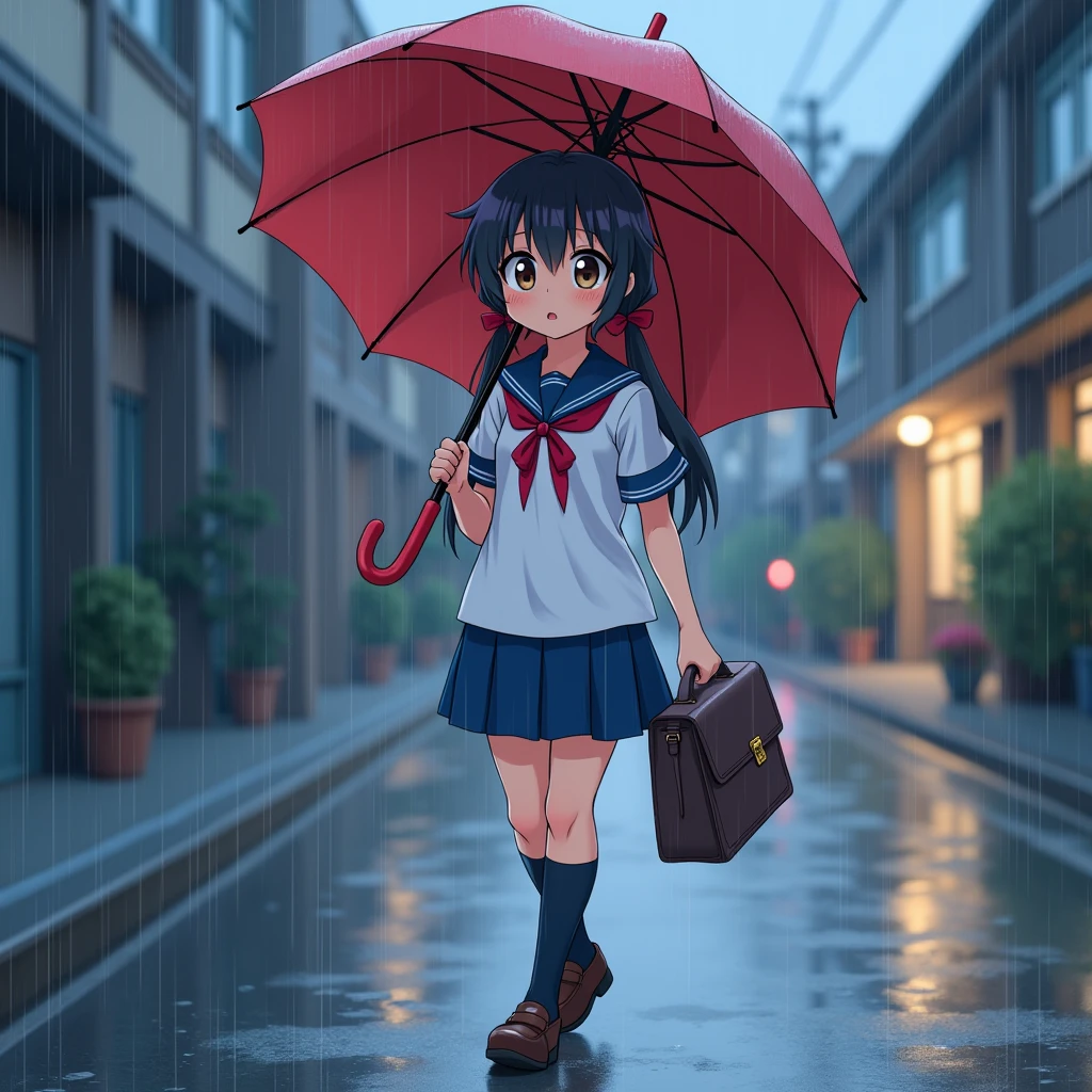 Anime Style, A girl walking, Holding an umbrella, Surprised expression,
The girl is wearing a white sailor suit with short sleeves and a navy collar, with a blue ribbon., Wearing a navy blue skirt,
Wearing black high socks, Wearing loafers.
Her hair is very long and black, with low twin tails and red ribbons..
Not high pigtails, Not half-up,
Open red umbrella, Dark brown school bag,
Late s, Small breasts, Has dark brown eyes.
puddle, Sidewalk, pavement, Japan roads, Tokyo, Town, building, Apartment,
Heavy rain, Outdoor, evening, from front.